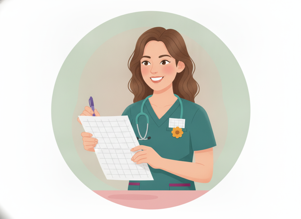Smiling nurse in teal scrubs folding a blank one-page sheet into quarters to tuck into her pocket, on a sage background.