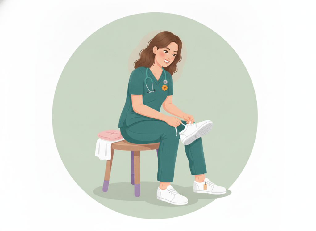 Illustrated nurse in teal scrubs sitting on a stool, lacing a white closed-toe nursing shoe with a non-slip sole.