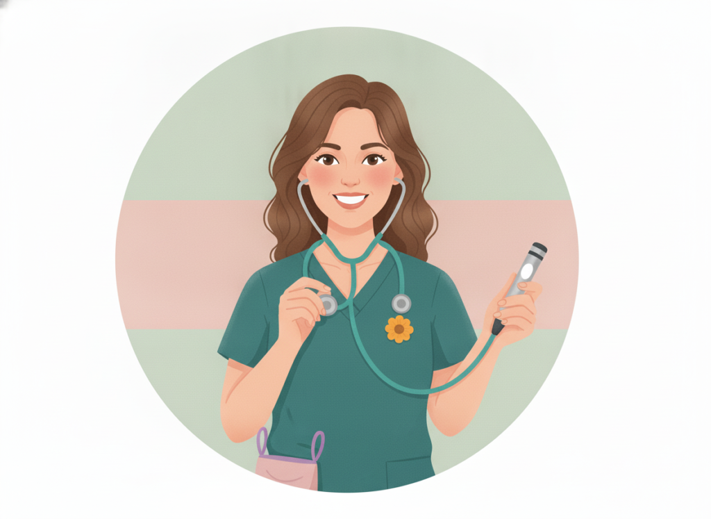 Illustrated nurse in teal scrubs holding a penlight and stethoscope, ready for her shift, on a soft sage background