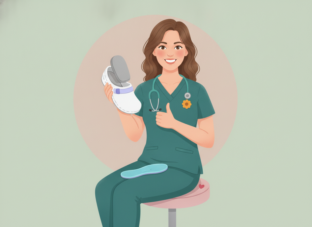 Nurse illustration holding a clog with its removable footbed lifted out, ready to place a slim insole inside.