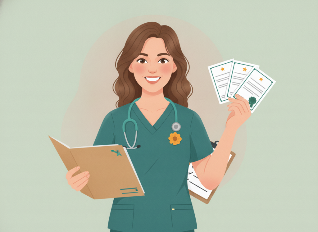 Smiling nurse in teal scrubs holds an open folder and fans out blank certificate cards with ribbon seals, ready to show her proof.