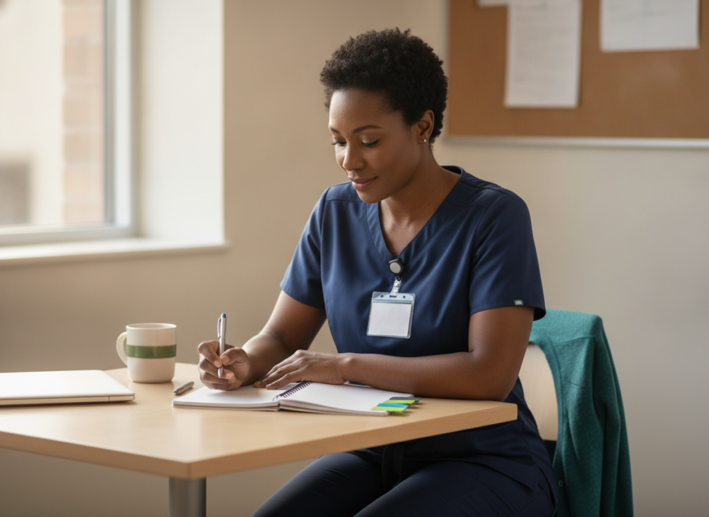 Smiling nurse in navy scrubs and teal cardigan ranks her priorities on colored sticky tabs in a bright hospital break room