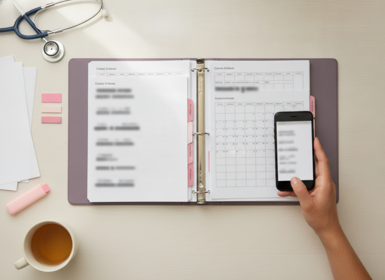 Flat lay of a tabbed binder with syllabi, calendar and clinical schedule while a hand photographs a page with a phone