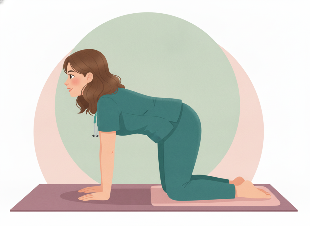 Illustrated nurse in teal scrubs doing a slow cat-cow stretch on a plum yoga mat with a folded towel under her knees