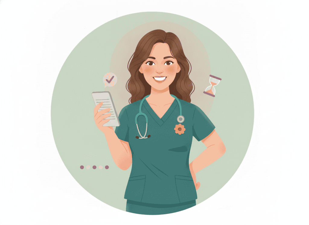 Illustrated nurse in teal scrubs typing pain notes on her phone while resting a hand on her lower back, with simple shift and scale icons.