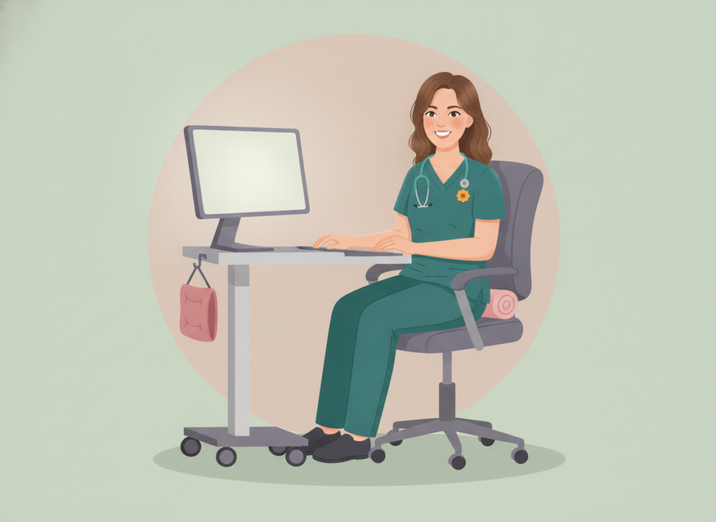 Illustrated nurse sitting upright at a charting workstation with feet flat, a rolled towel supporting her lower back, and the screen at eye level.