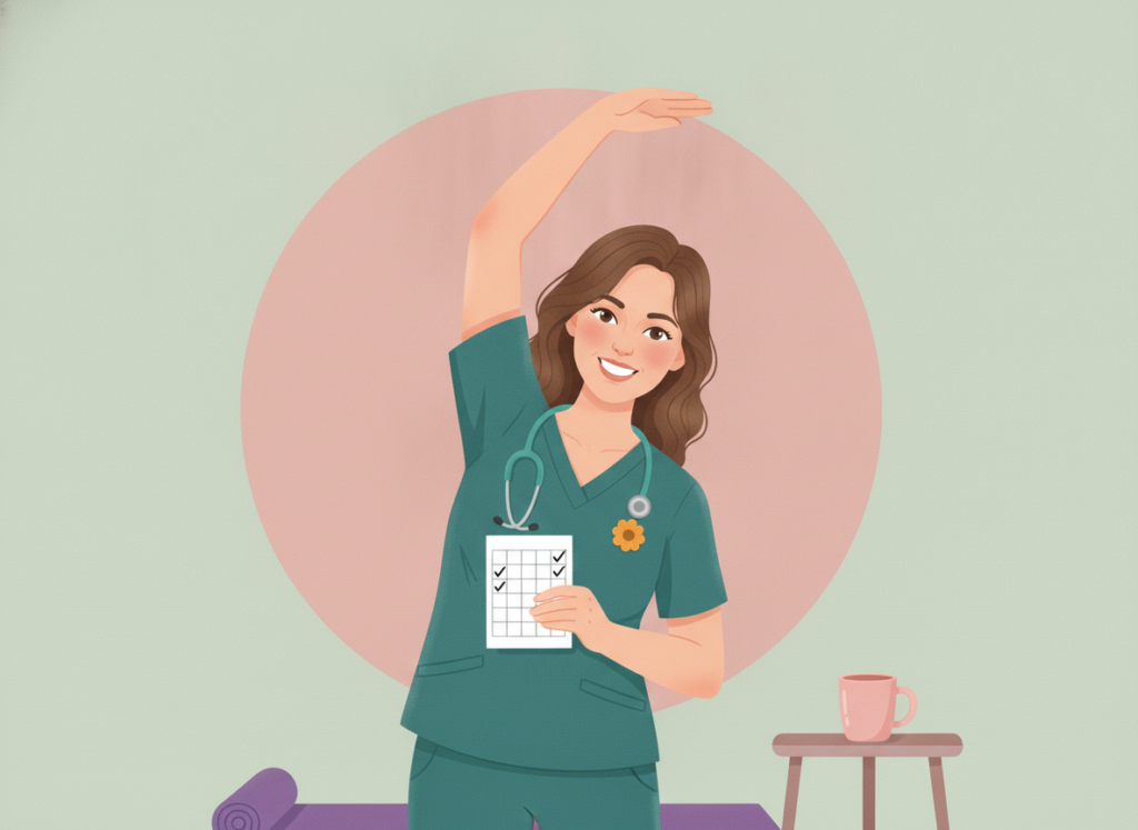 Smiling nurse illustration doing a gentle side stretch beside a rolled exercise mat and a ticked tracker card on a soft sage background