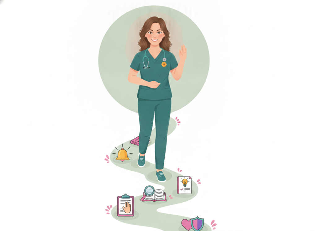 Nurse in teal scrubs stepping carefully along a path, sidestepping a scary alarm bell and choosing a magnifying glass, clipboard and checkmark