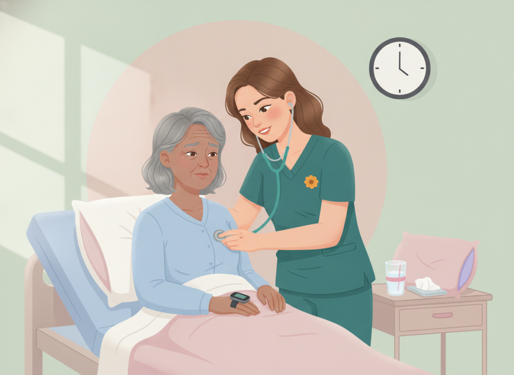 Illustrated nurse at a patient's bedside, gently watching the patient's chest rise and fall while counting breaths in a calm room.