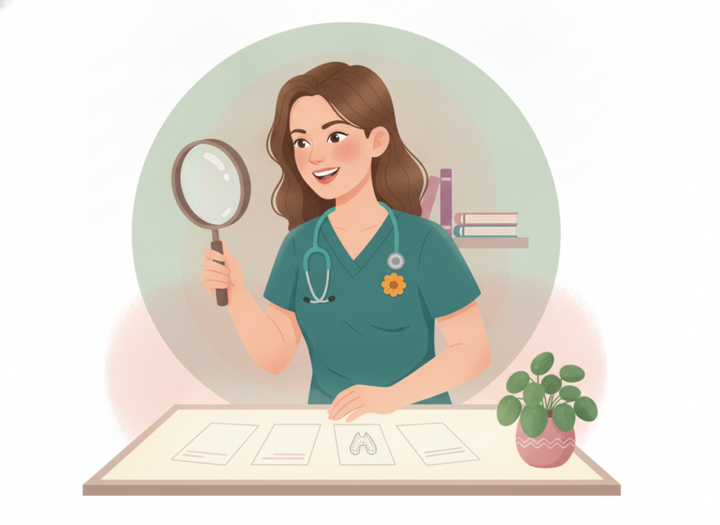 Smiling nurse in teal scrubs uses a magnifying glass to check four blank question cards, focusing on the airway card.