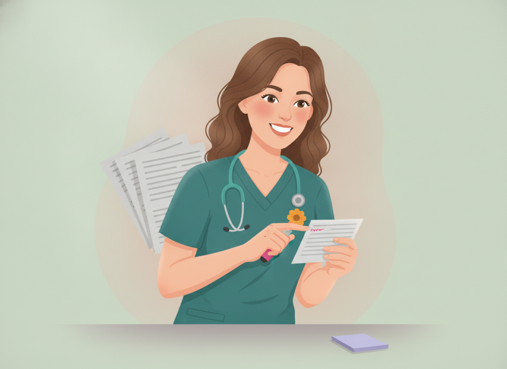 Smiling nurse in teal scrubs taps the last line of an exam question card, skipping the long story pages behind it