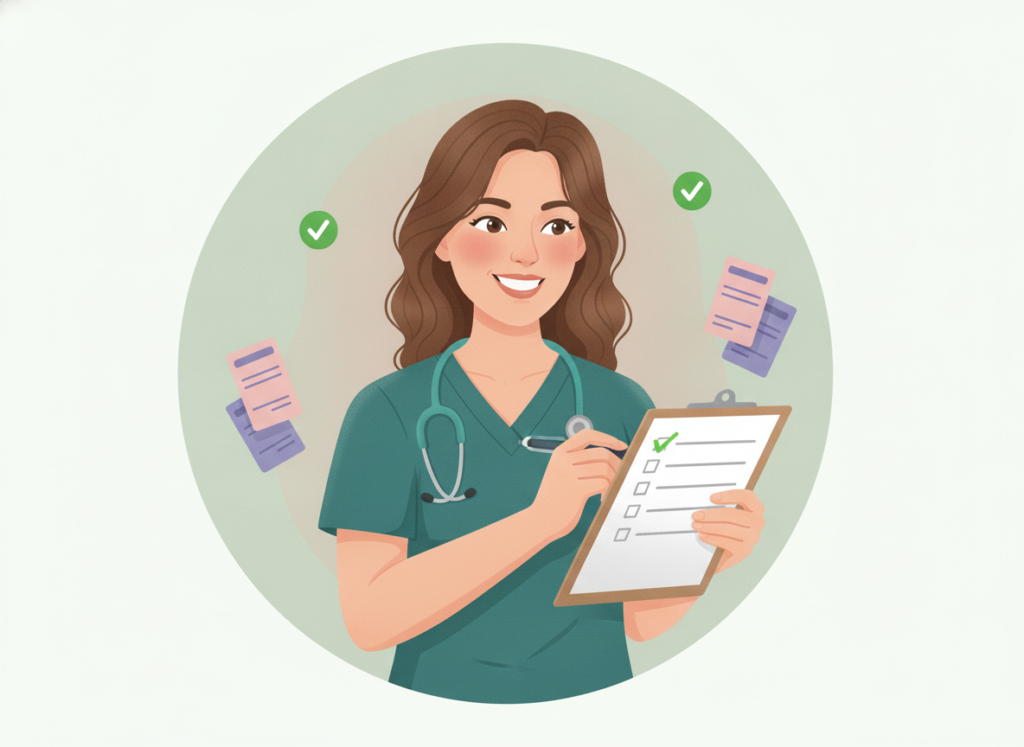 Smiling nurse in teal scrubs ticking off a checklist on a clipboard, surrounded by practice question cards on a soft sage background.