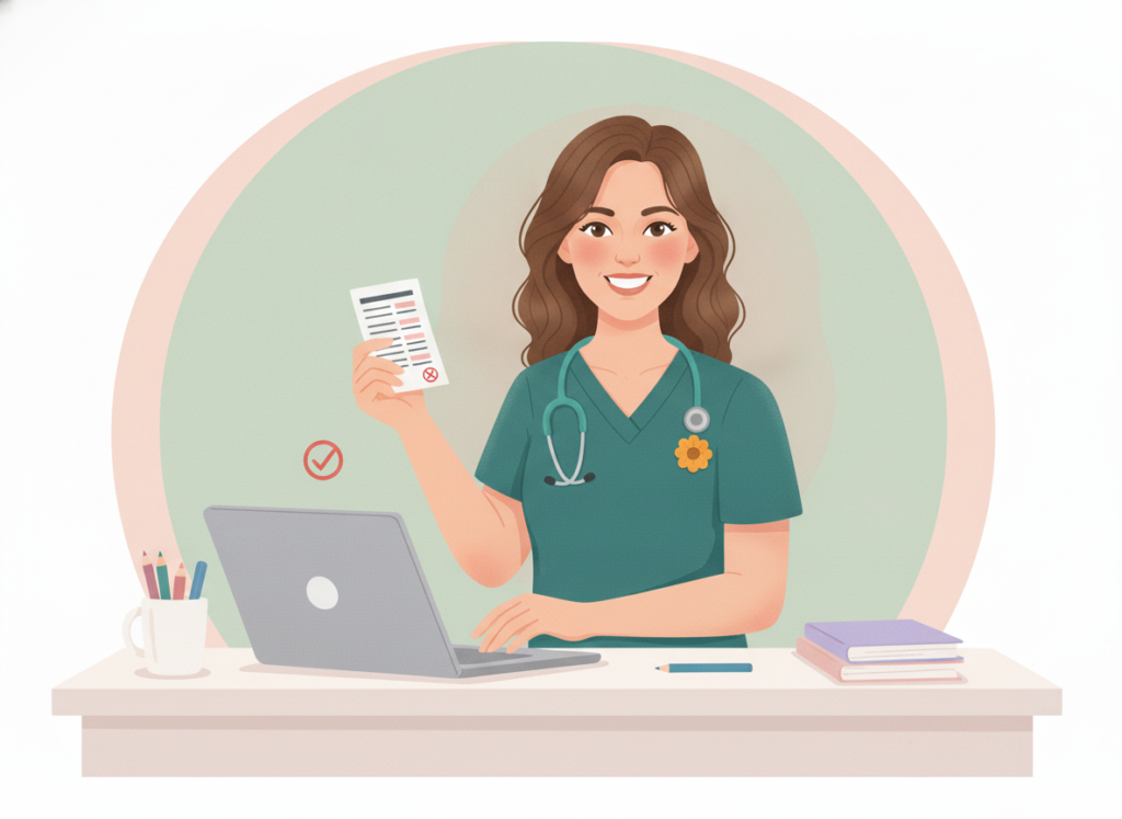 Illustrated nurse in teal scrubs typing a note on a laptop while checking a reference card, with a red 'no' symbol and a green check mark.