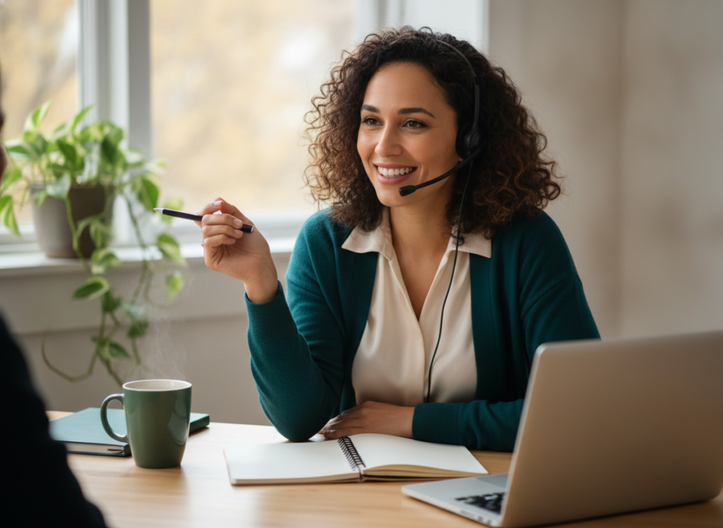 Smiling case manager on a headset call at a bright home office desk, with a notepad, laptop and green plant by the window