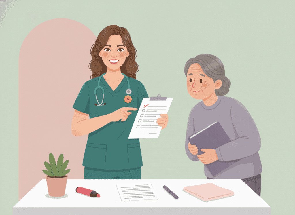 Illustrated nurse in teal scrubs guiding an older patient through a paper form at a tidy desk, warm and encouraging