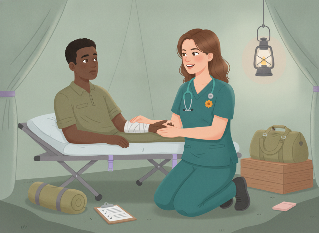 Illustrated nurse in teal scrubs kneels beside an anxious young teammate on a stretcher in a field tent, calmly checking his pulse