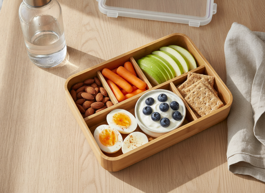 Bento snack box with hard-boiled eggs, Greek yogurt, apple slices, almonds, and crackers beside a water bottle for night shift