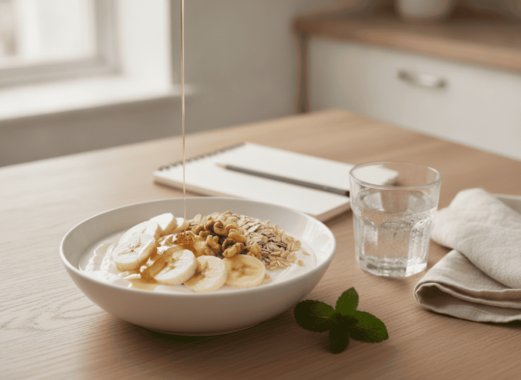 Greek yogurt bowl with banana, oats, walnuts and honey beside a glass of water and a blank notebook on pale wood