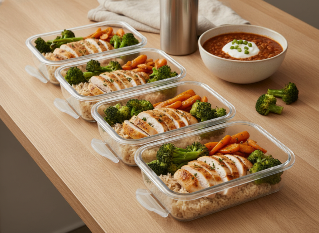 Four meal prep containers with sliced roasted chicken, brown rice, roasted broccoli and carrots, plus a thermos and bowl of turkey chili