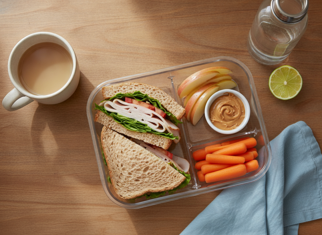 Bento lunch with turkey sandwich on whole-grain bread, apple slices with peanut butter, carrot sticks, and a mug of tea on a wooden table